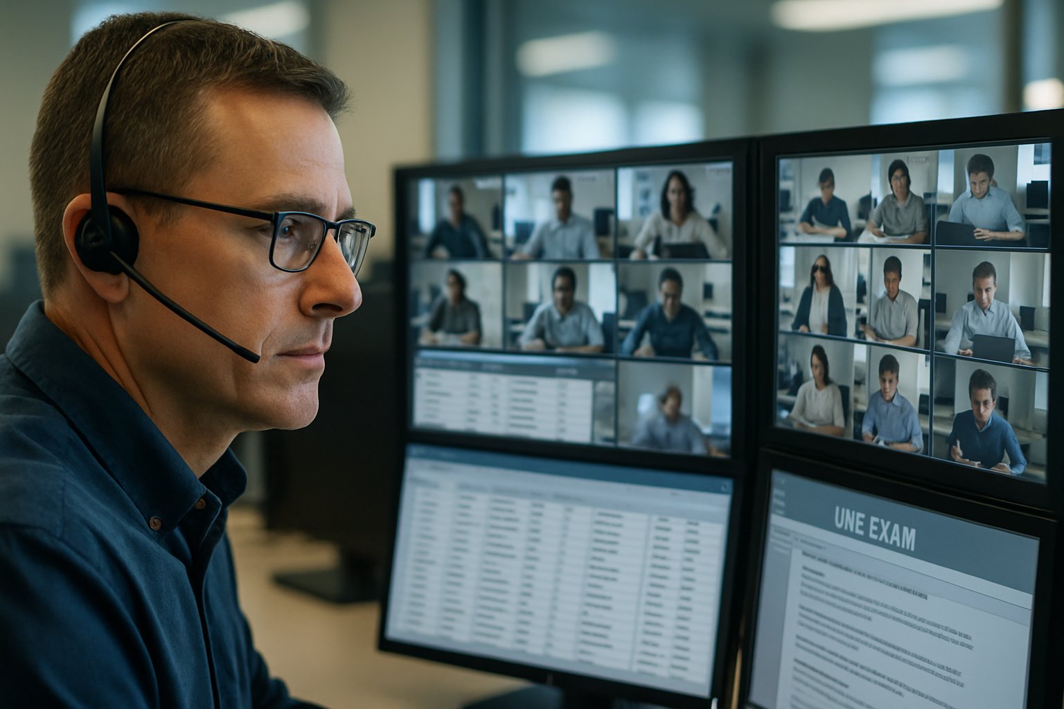 Proctor overseeing automated online exam proctoring in a control room.