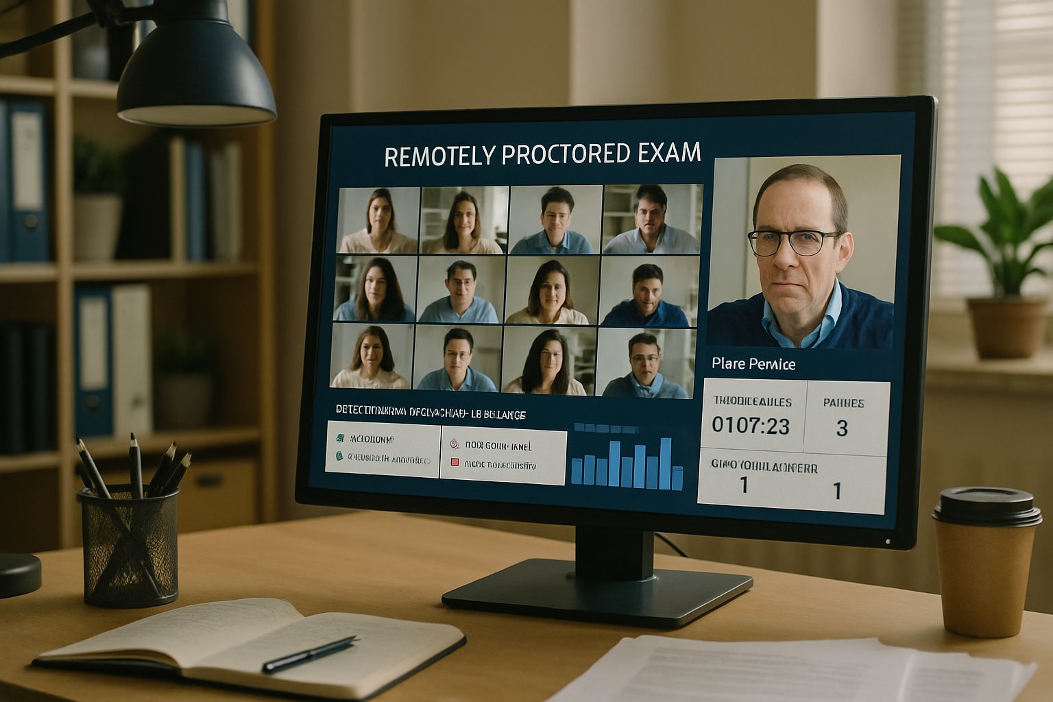 Proctor monitors multiple remotely proctored exam sessions on office computer.