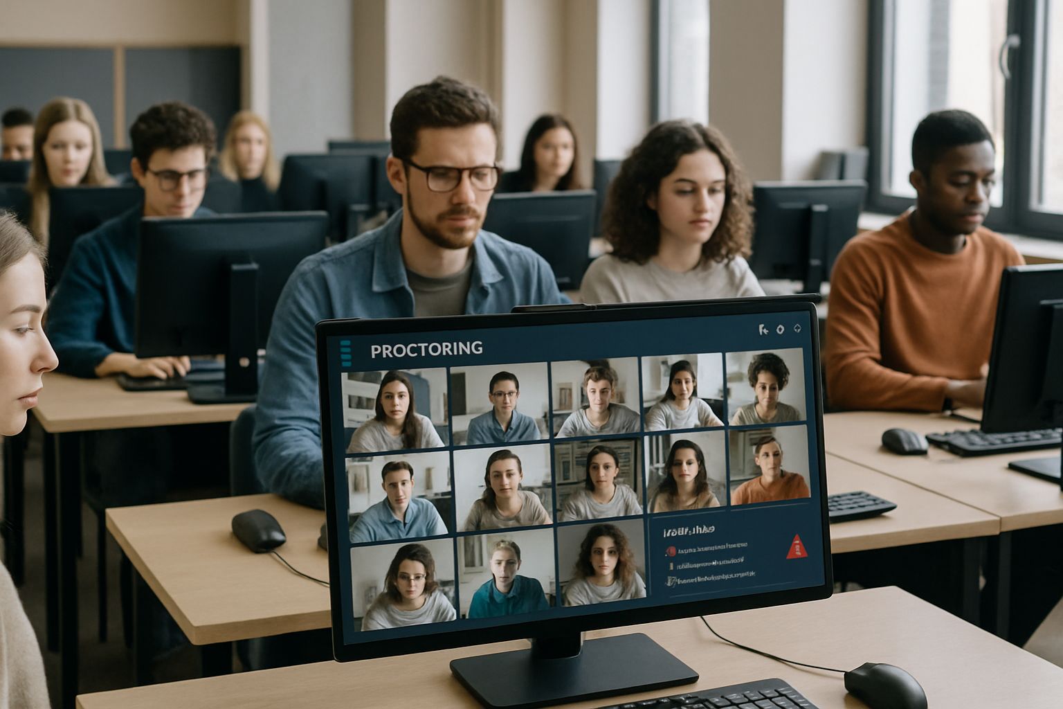 Computer lab setup for ai based remote proctoring system with students and instructor dashboard.