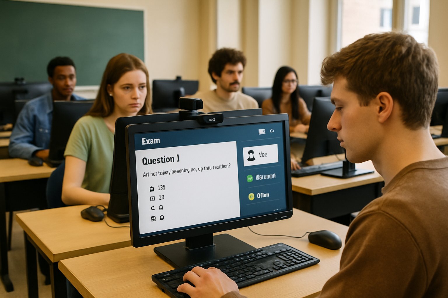 University students using ai based proctoring exam in computer lab.