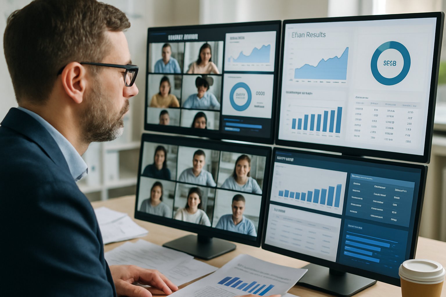 Administrator overseeing ai based remote proctoring dashboard in a professional office.