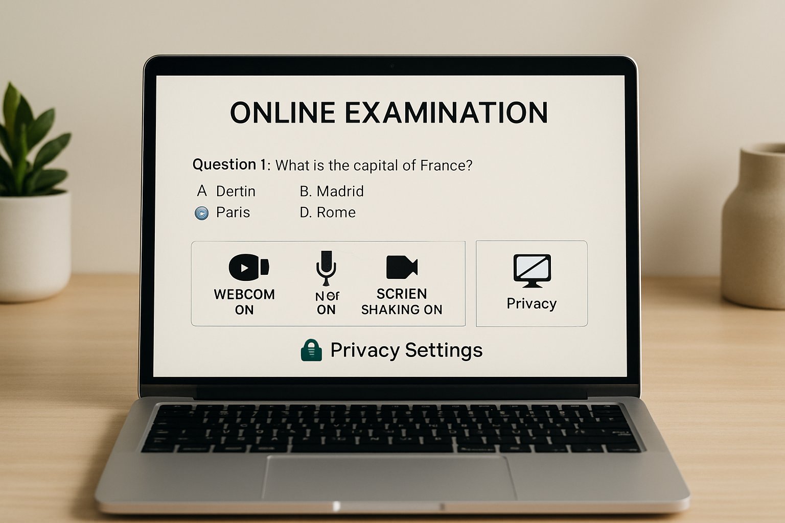 Laptop displaying ai based remote proctoring interface with privacy options.