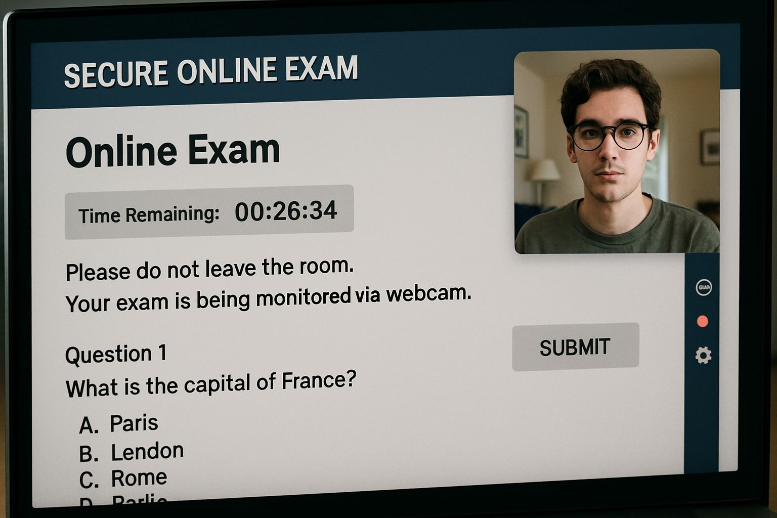 Secure ai based proctoring exam portal interface with live camera feed visible