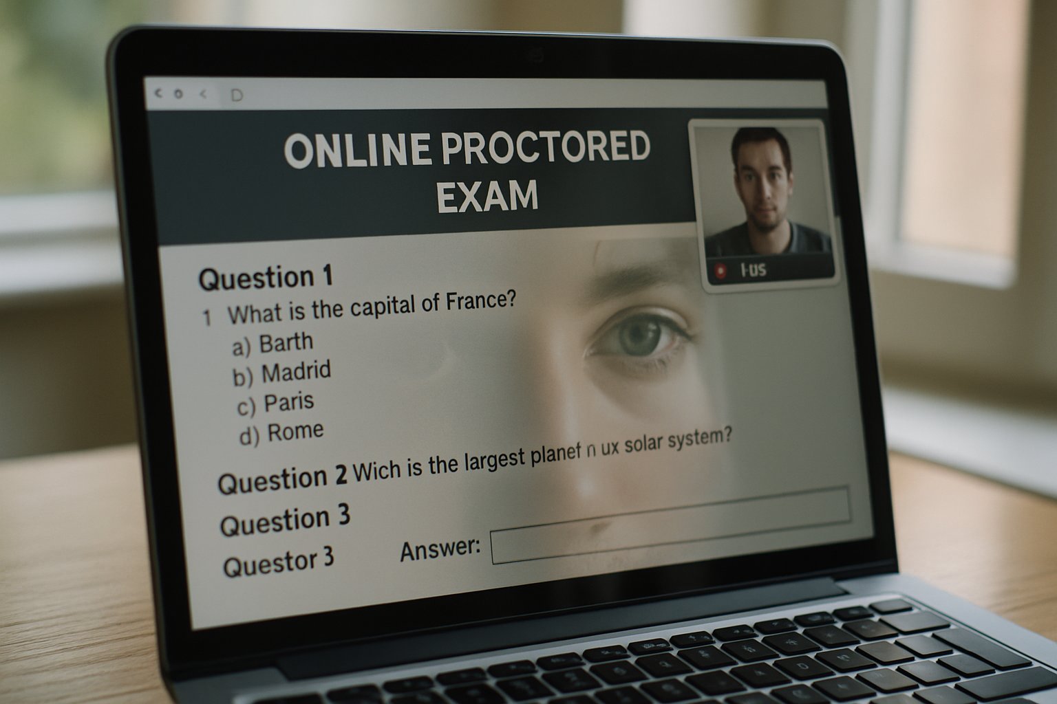 Laptop screen showing at home proctored exam interface with live webcam monitoring.