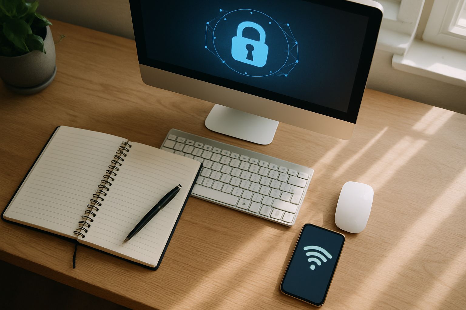 Workspace with tech setup for remotely proctored exam and visible strong internet connection.