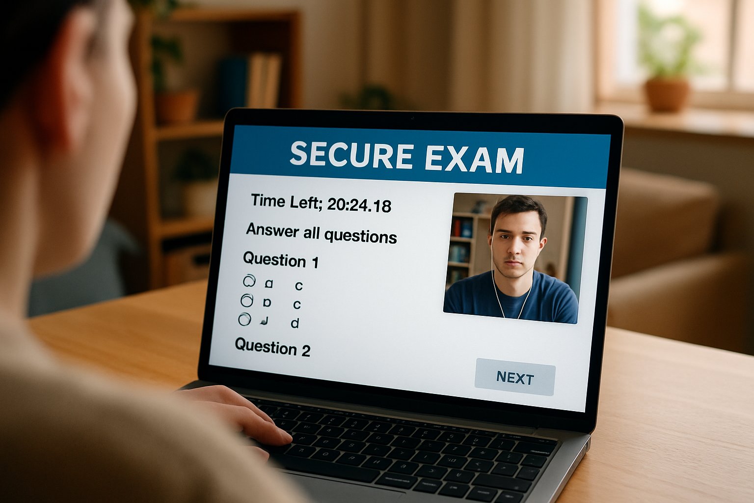 Home exam setup with ai based proctoring exam visible on laptop screen.
