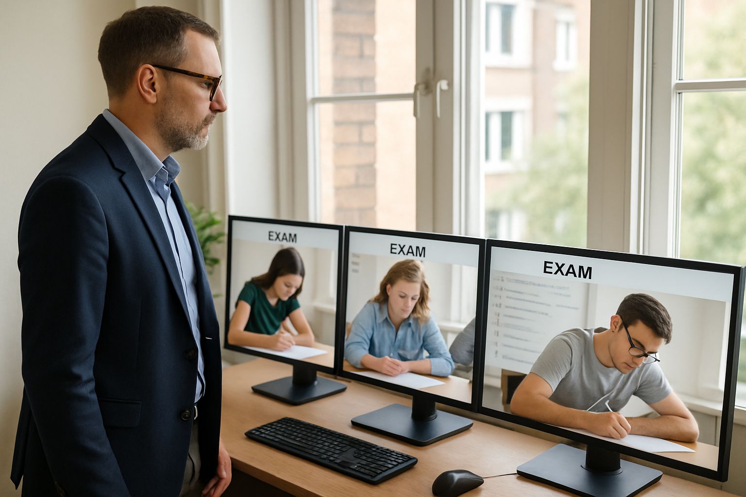 Proctor supervising remotely proctored exams using multiple computer screens