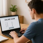 Young adult taking ai based proctoring exam remotely in realistic home setting