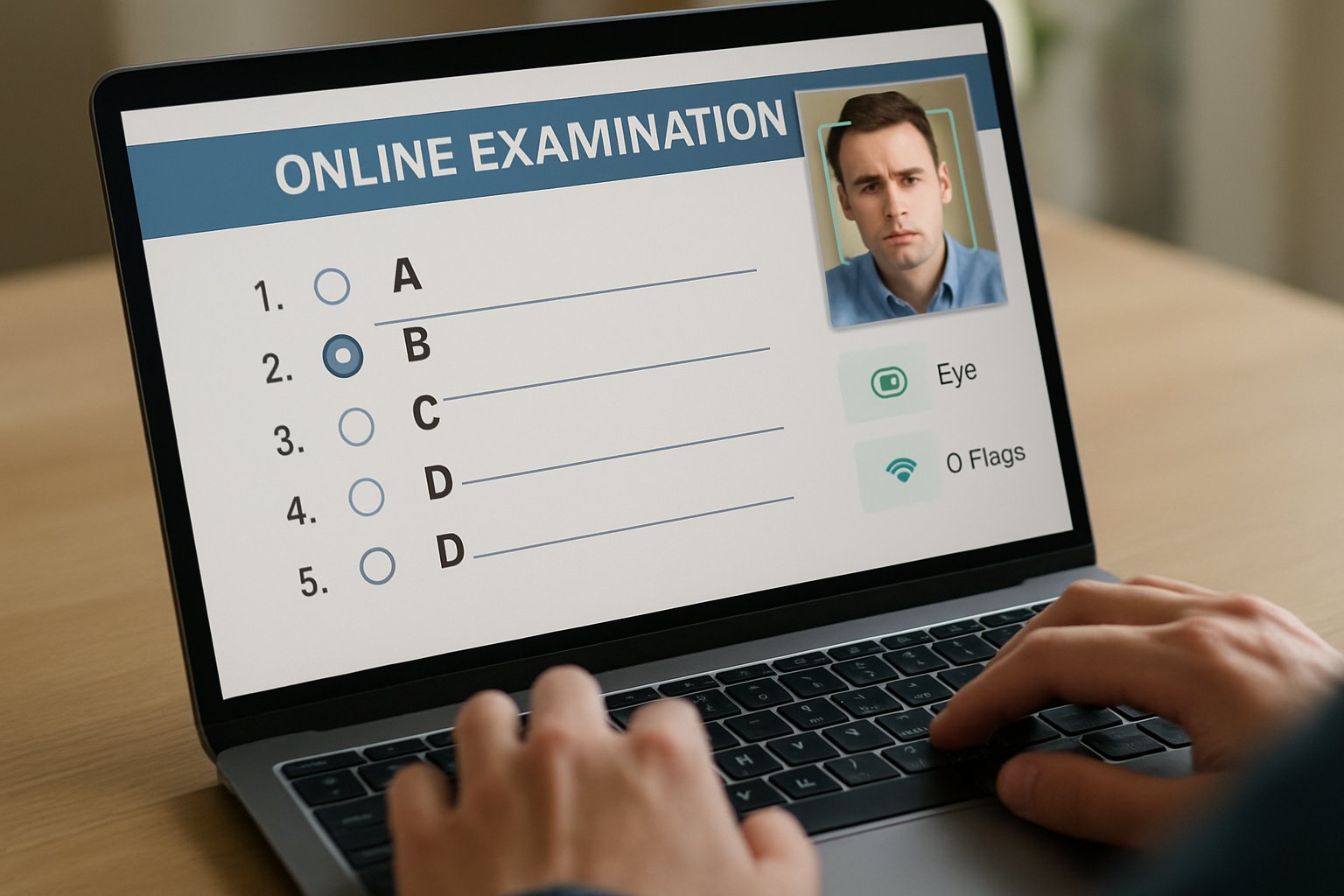 Online testing screen with ai proctored exam webcam interface in use.
