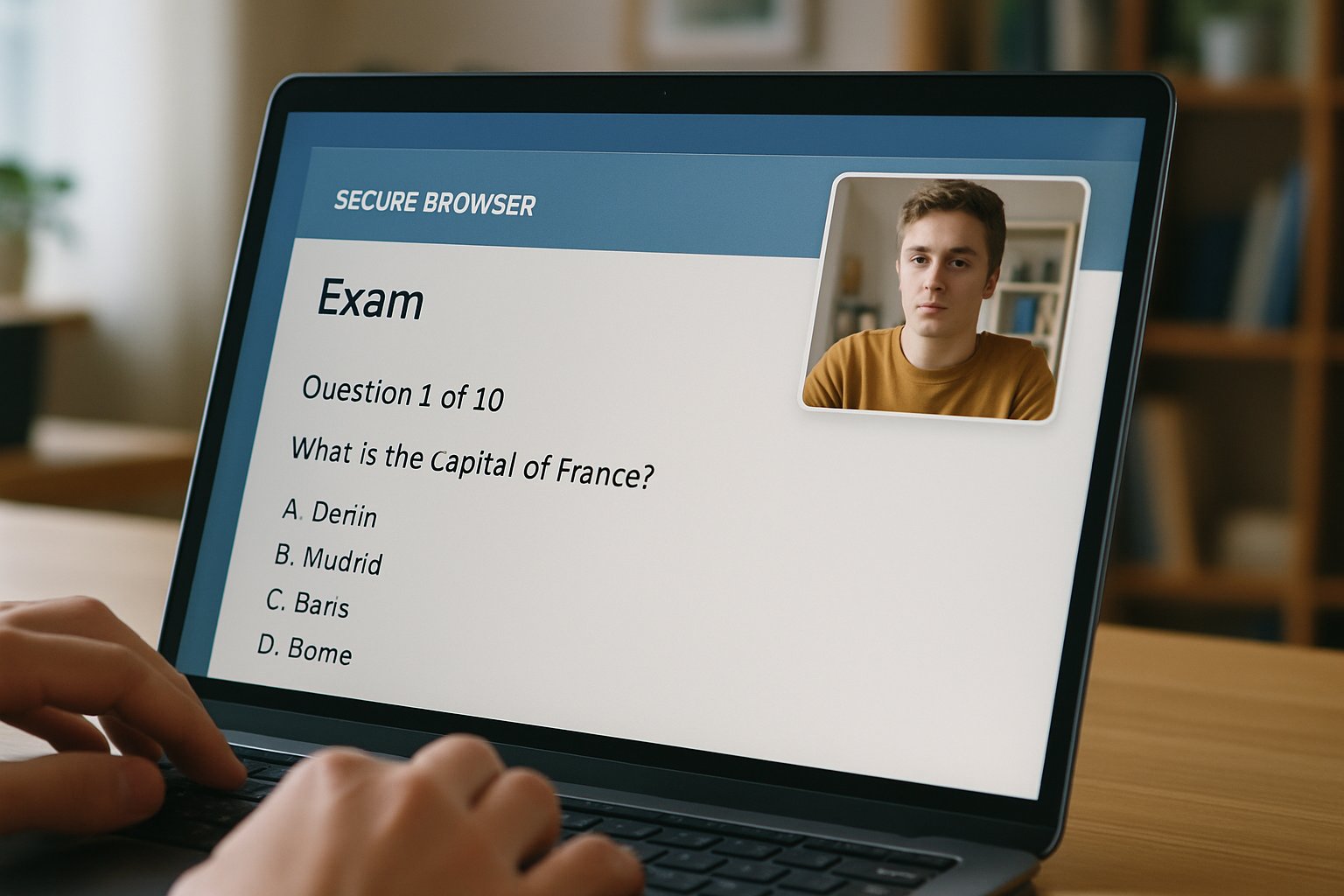 Remotely proctored exam secure browser with webcam feed and student typing.