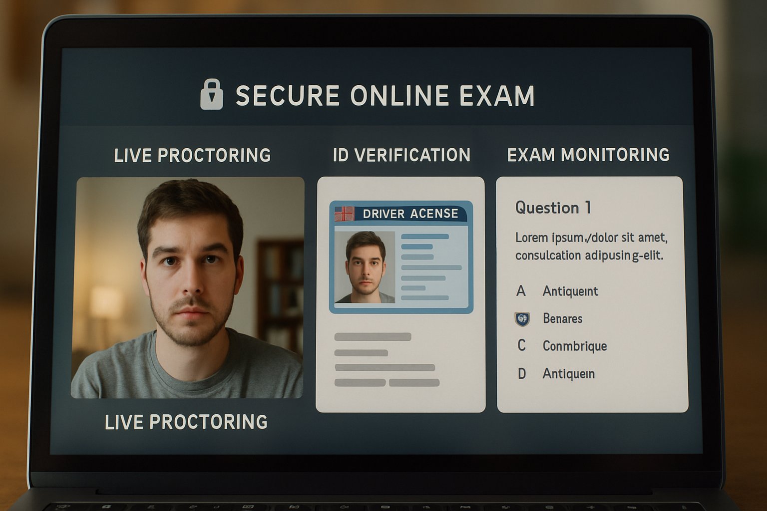 Automated online exam proctoring software interface with security features