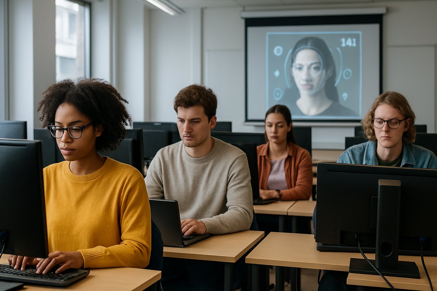 Students taking ai proctored exam in a well-lit computer lab.
