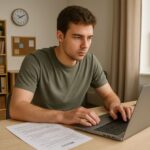 Student taking a remotely proctored exam on laptop in home setting