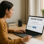 Student taking an exam using ai based remote proctoring in a private home setup.