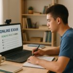 Student taking a remotely proctored exam at home with laptop webcam.