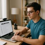 Student completing ai based proctoring exam at a laptop desk.