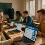 Students using laptops with ai based remote proctoring for online exams.